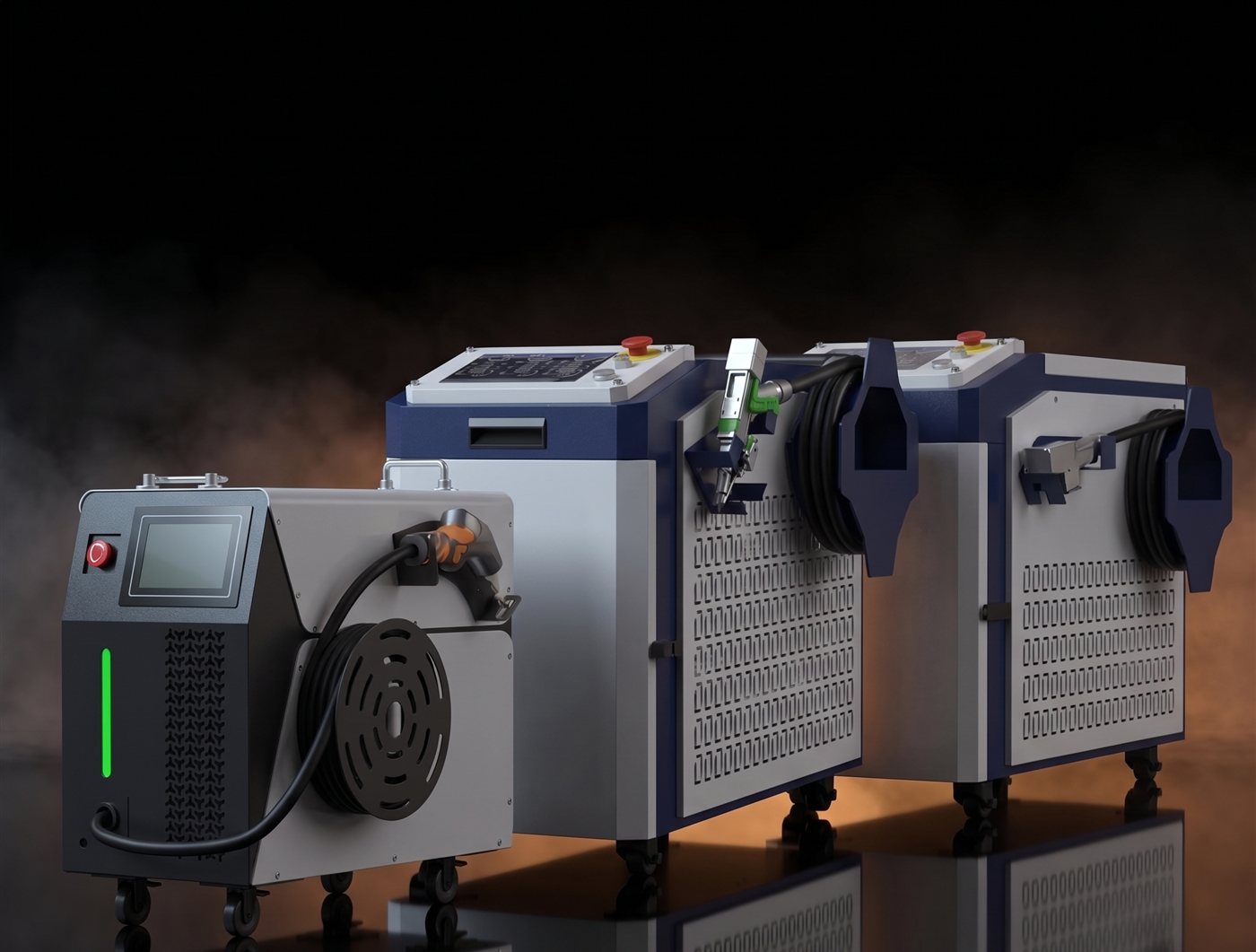 NexTech Lasers NX-Series machine lineup: air-cooled welder, liquid-cooled welder, and liquid-cooled cleaner